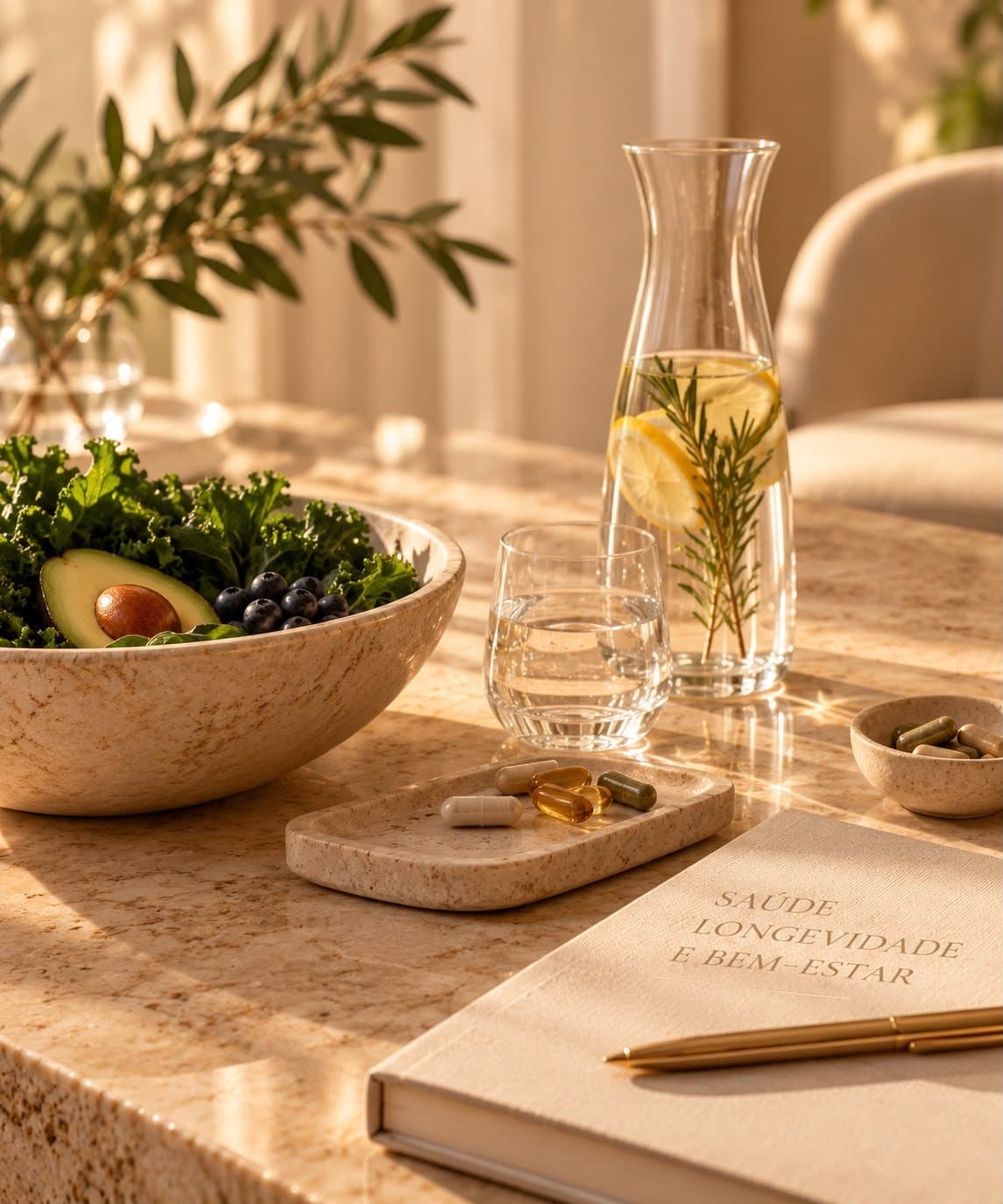 Mesa com salada, jarra de água com limão, cápsulas e caderno de saúde e longevidade