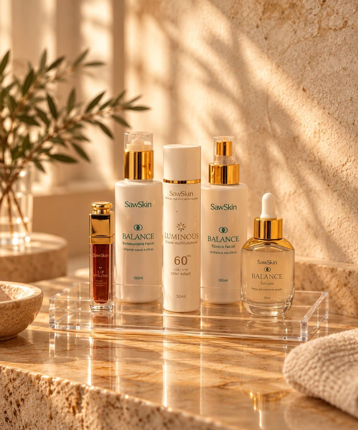 Linha de produtos SawSkin sobre bancada de pedra