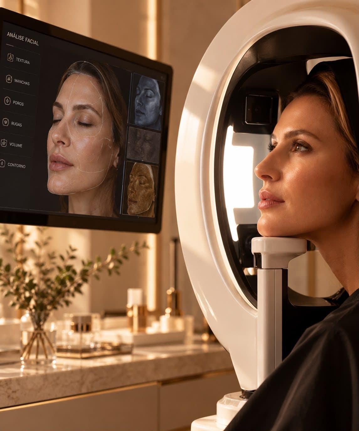 Paciente em equipamento de análise facial, com a imagem do rosto no monitor ao lado