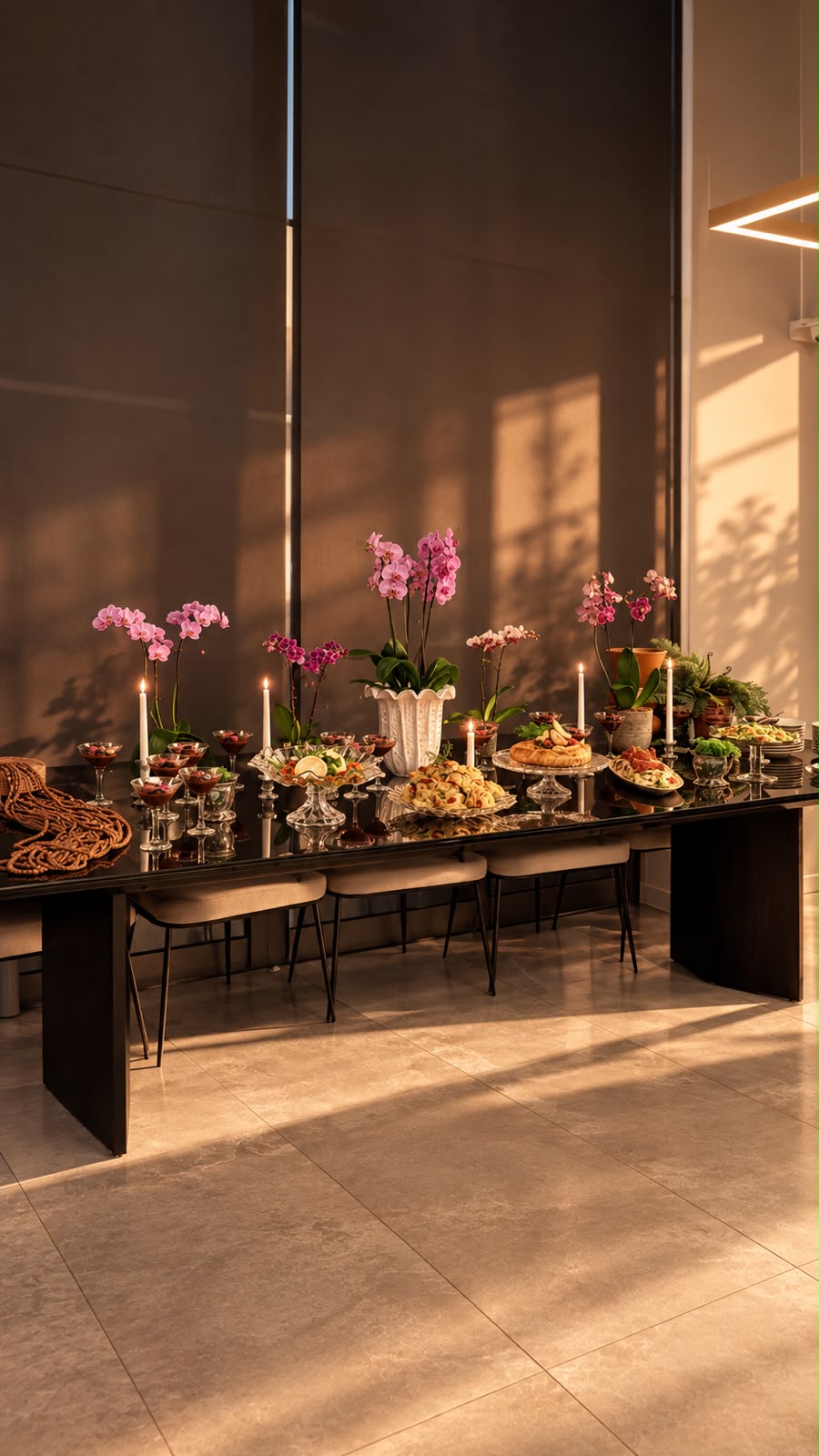 Mesa longa posta com orquídeas, velas e pratos servidos, iluminada pelo sol do fim de tarde